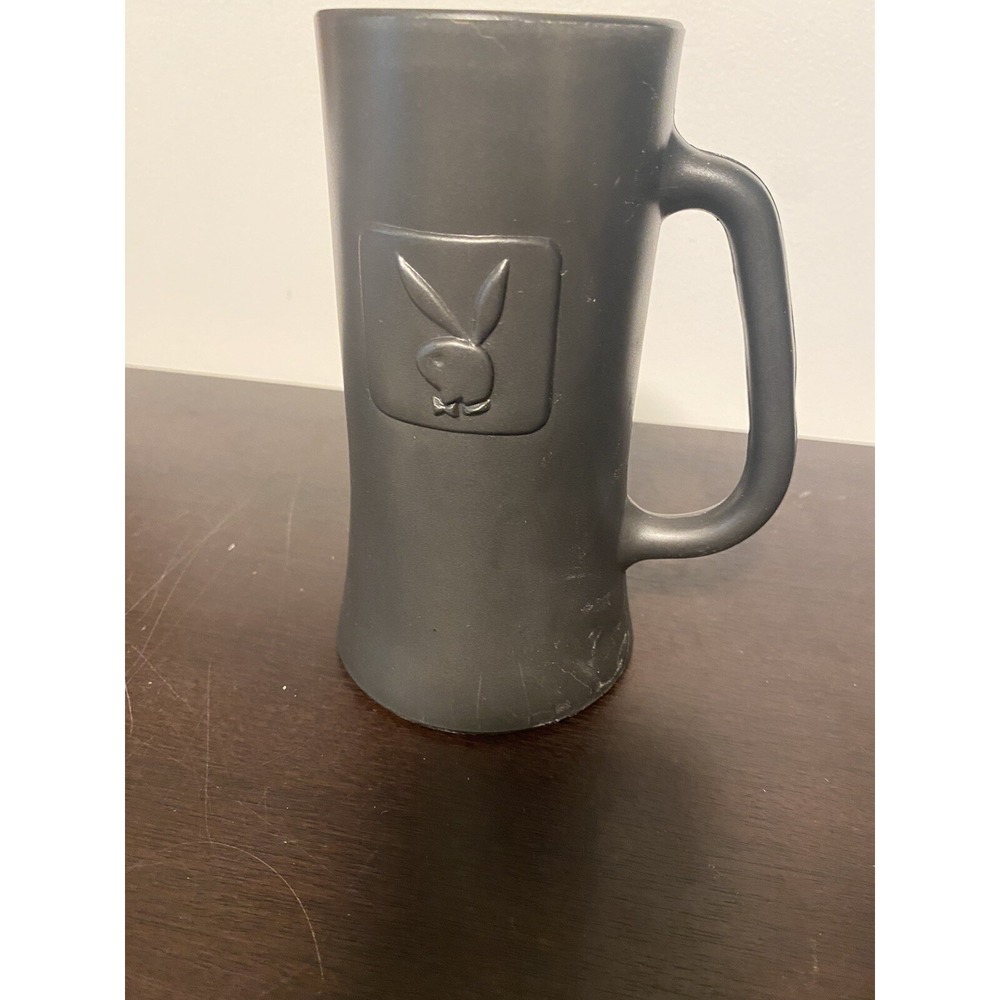 Vintage PLAYBOY Tall Mug‎ Beer Stein Bunny Logo Black Clear Bottom 6 1/2" Tall